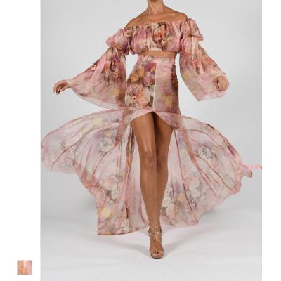 China Latest Designs QUICK DRY Fashion Summer Sexy Ladies Floral Print Slit Off The Shoulder Elegant Casual Sexy Two Piece Sets Women for sale