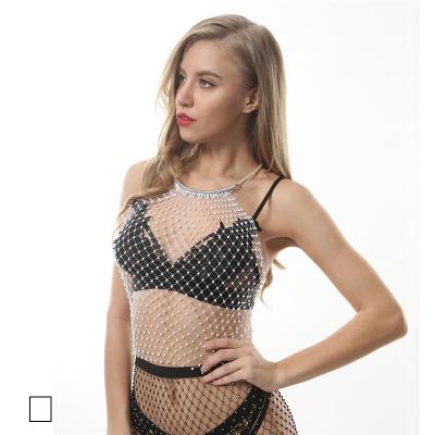 China Miingfashion Metallic Stripper Outfits Women Mesh Round Neck Rhinestone Studded Bandeau Nightclub Breathable Bikini Crop Cover Up for sale