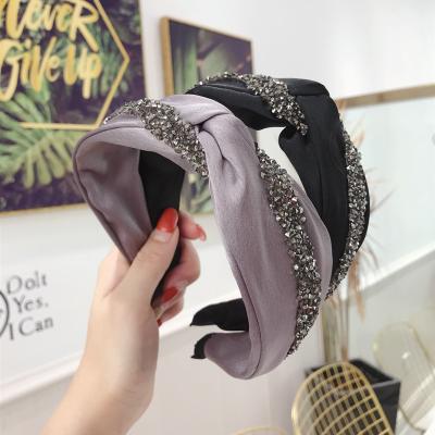 China LRTOU Wholesale Custom Fashion Hair Accessories Heads Band Women Satin Rhinestone Wide Knotted Headband Hair Band For Girls for sale