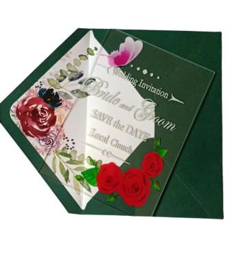 China Europe Wholesale Customized Wedding Invitation Transparent UV Printing Acrylic Card With Red Envelope for sale