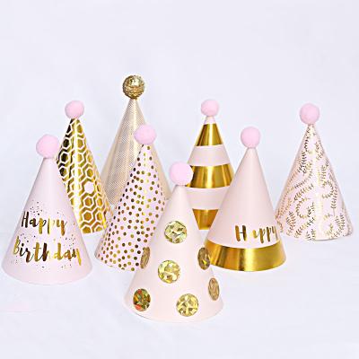 China Festival Decoration Metallic Shiny Gold Printed Kids Birthday Paper Hat With Pine Cones for sale