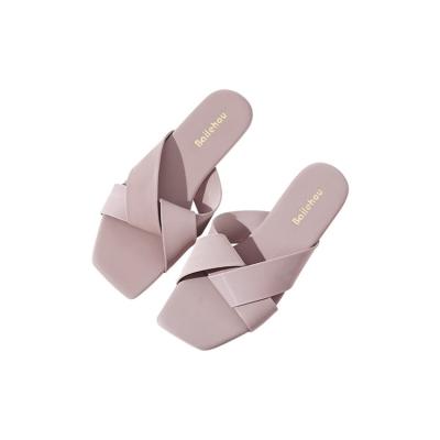 China Latest Designs Summer Flat PU Ankle Strap Leather Women Breathable Ladies Sandals Beach Slipper for sale