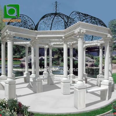 China Large Garden Traditional White Marble Gazebo Outdoor Rectangular Gazebo With Corridor for sale