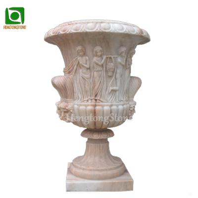 China EUROPEAN Hand Carved Women Reliefs Flowerpot Red Marble Stone Planter for sale