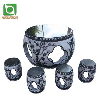 China Modern Black Marble Table and Chairs Carve Chinese Style Marble Bench for Garden Decoration for sale