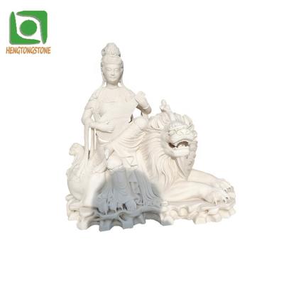 China Modern Religious Small Size White Marble KUAN-YIN With Lion Statue for sale