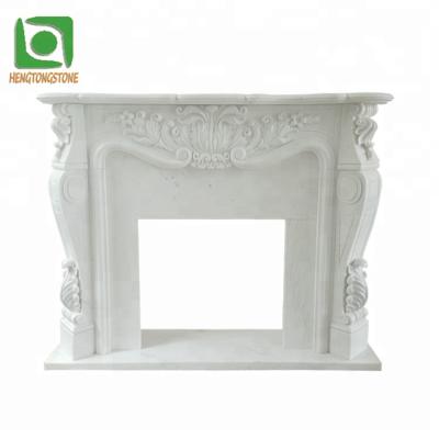 China Classic Traditional Marble Flowers Engraving White Stone Fireplace Mantel Surround for sale