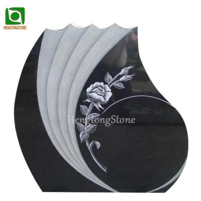 China Modern Western Style Hand Carved Black Granite Headstone Flower Engraving Granite Monuments for sale