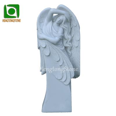 China Modern Hand Carved Natural Stone Angel Wings Monuments White Marble Tombstone for sale