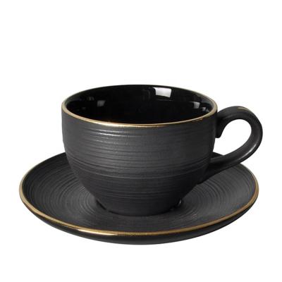 China Viable Royal Luxury Black Ceramic Coffee Set Hotel Restaurant Hotel Rim Gold Rim Sourcing Coffee Cup With Saucer for sale