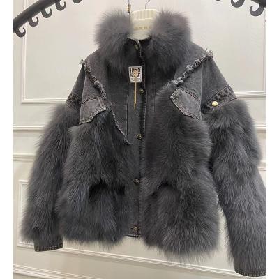 China CX-G-T-62 New Arrival Quilted Denim Coat Windproof Outwear Casual Winter Down Jacket With Real Fox Fur for sale