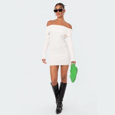 China 2023 Anti-wrinkle street style bent neck stretch sweater dress off-shoulder with long sleeves reduce neck Mini Dresses for sale