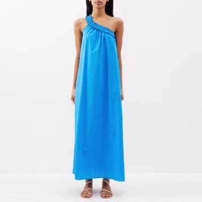 China ODM/OEM Anti-Static Casual Blue Long Ruffled One-Shoulder Single Shoulder Cotton-Poplin Daily Maxi Dress for sale