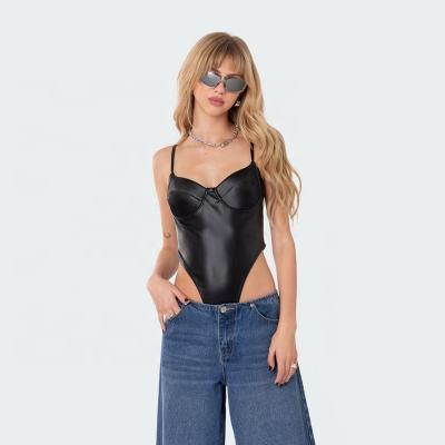 China Hot Selling Sexy Adjustable Shoulder Straps QUICK DRY Stitched PU Leather Upper Bust Underwire Cups Flare Jumpsuit for sale