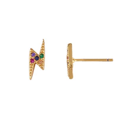 China Hiphop 14K CZ Gold Plated Rainbow Simulated Diamond Earrings Dainty Mini Lightning Bolt Stud Earrings for sale