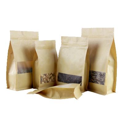 China Moisture Proof In Stock 10x20cm White Package Zipper Zipper Foil Striped Side Flat Bottom Paper Bag Brown Beans Packaging 8 Seal Kraft Paper With Window for sale