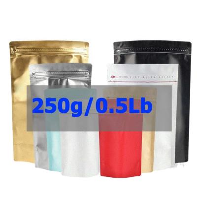 China Aseptic In Running Half A Pound 250g Colored Empty Aluminum Foil Stand Up Coffee Bean Bags With Zipper Valve for sale