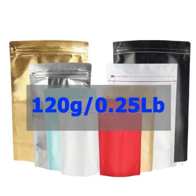 China Recyclable 120g 125g Stock Custom Printed Shaped Empty Aluminum Foil Bag Airless Valve Small Stand Up Zipper Coffee Bag for sale