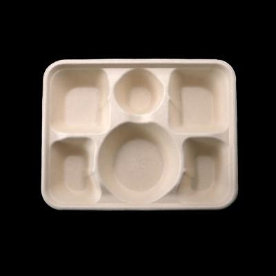 China Bagasse Pulp 6Compartments Tray With Separate Lid Bagasse Biodegradable Disposable Food Tray for sale