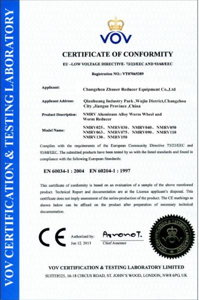 CE CERTIFICATE - Changzhou Zhuoer Reducer Equipment Co.,Ltd