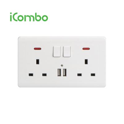 China 2 Gang USB 2 and 2 3 Pin Wall Socket Outlet Screw-in Neon Separate Electrical Switch for sale