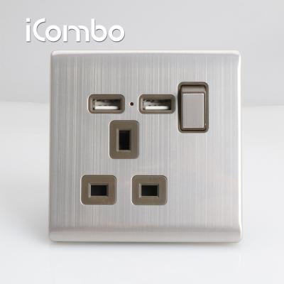 China iCombo Stainless Steel Flat Pin 13A Switch Plug Socket + Dual USB for sale