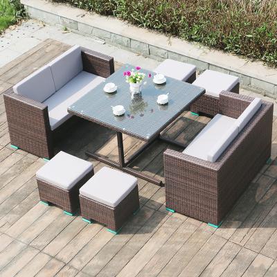 China Modern hot sale villa outdoor handmade rattan chair and table wicker dining set with waterproof cushion for sale