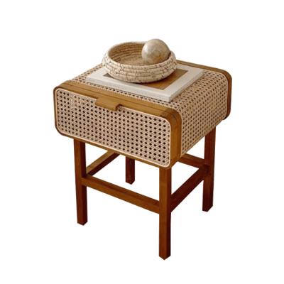 China Modern Retro Small Furniture Simple Side Bedroom Leisure Bedside Rattan Wooden Cabinet for sale