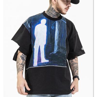 China Hot Street Fashion Men's Vintage Round Collar Short Sleeves Oversized 100% Cotton Black Printing T-Shirt for sale