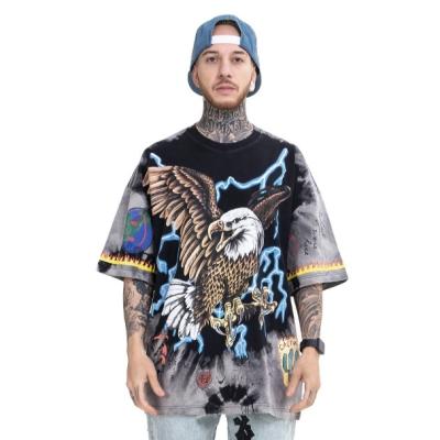 China Anti-wrinkle European brand new and American Lightning Eagle graffiti tie-dye print loose T-shirt men's short-sleeved for sale