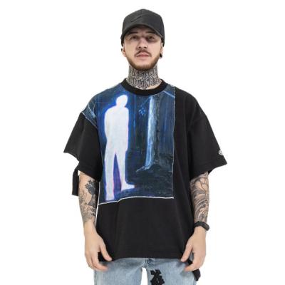 China Hot Street Fashion Men's Vintage Round Collar Short Sleeves Oversized Graphic 100% Cotton Black Print T-Shirt for sale