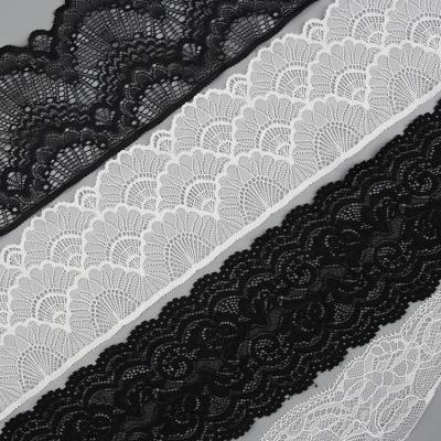 China Sustainable Scallop Stretch Hollow Flowers Lingerie Black White Spandex Lace Trim for sale