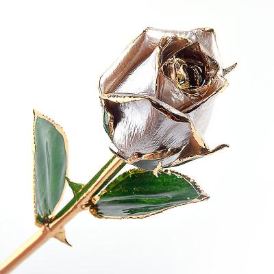 China Beautiful Colorful Artificial Flower Amazon Hot 24K Gold Plated Real Rose With Green Leaves Preserved Forever Flower With Stand For Wife Women Girlfriend Mother for sale