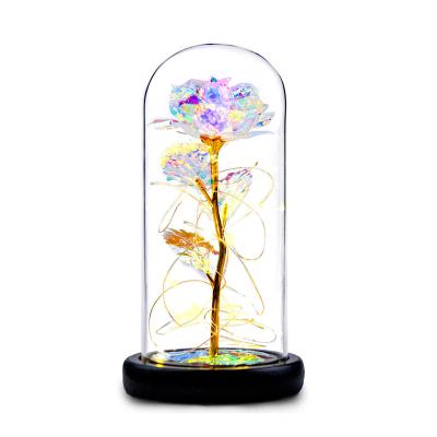 China Beautiful Artificial Flower 24K Colorful Glass Rose Flower Romantic Simulation Gold Cover With LED Lights On Wooden Base For Lover Mom Gifts Home Decor for sale