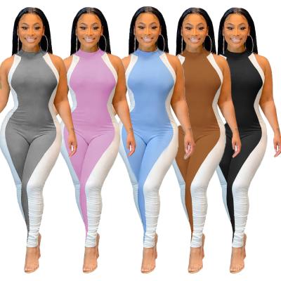 China QUICK DRY Women's Bodycon Sleeveless Long Pants One Piece Color Block Overalls Set Summer Romper Clubwear for sale