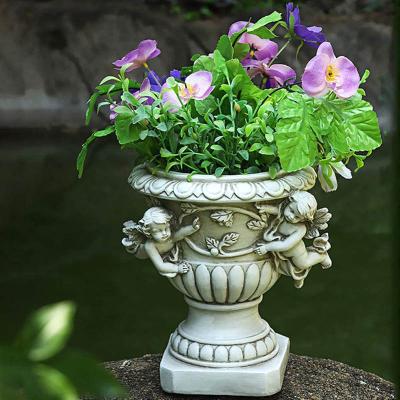 China Custom Vase Europe Planter Outdoor Decoration Resin Angel Flower Pot Garden Memorial Flower Pot To Roman Column Figurine Poly Resin for sale