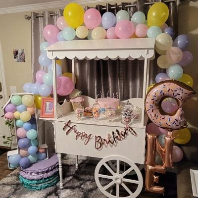 China ACRYLIC PVC METAL TF ​​Party Decoration NEON Smooth Dessert Show White PVC Candy Cart with Clear Acrylic Donut Wall for sale