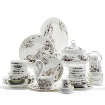 China Hot Sale Chinese Landscape Painting Sustainable Set 60 Style Porcelain Dinnerware Ceramic Tableware for sale