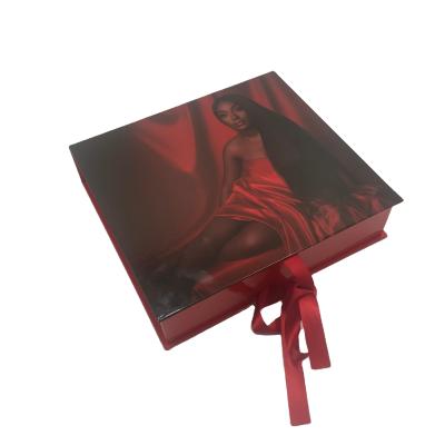 China Reused Materials Logo Custom Red Wig Gift Packaging Book Shape Box With Satin Silk Hair Cardboard Hair Packaging Box for sale