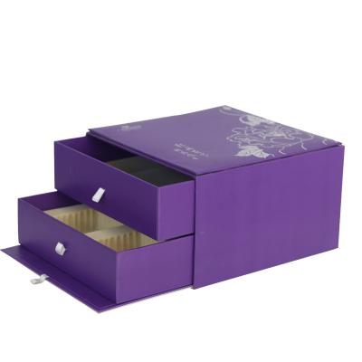 China Recycled Materials Fashion Design Purple Double Drawer Boxes Big Flower Gift Packaging For Paper With PVC Insert for sale