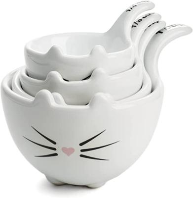 China Cat Measuring Cups Handmade Classic White Ceramic Porcelain Cat Shaped Measuring Bowls Bulk for sale