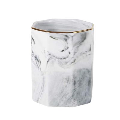 China Multifunctional Ceramic Pen Holder Stand Marble Pattern Desktop Pencil Cup Pot for Kids Desk Makeup Brush Holder Organizer for sale