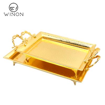 China Smoking Accessories For Bar Wedding European Gold Plated 17 Inch Iron Hardware Luxury Hotel Rectangle Tray With Handle Golden for sale