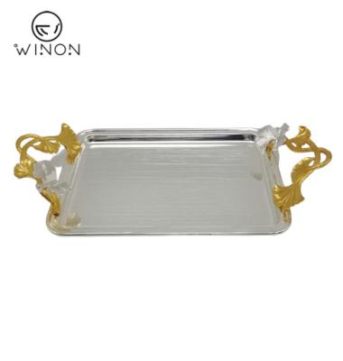 China Luxury Hotel Household Use Table Use Gold Plated Iron 11 Inch Serving Trays With Handle for sale