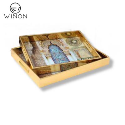 China Cheap Table Price MDF With Mirror UV Rectangle Sharp Display Serving Tray 2pcs Set With Handle For Jewelry And Cosmetics for sale