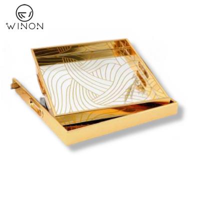 China Hot Sale Table Use MDF Frame With Sharp Rectangle Serving Tray Set With Handle For Restaurant And Hotel UV Glass Eco - Friendly for sale