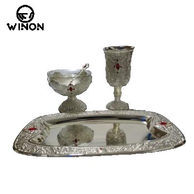 China Ice Cream Bowl India Set Peacock Design High Zinc Alloy Ice Cream Bowl Cup With Tray Silver Plated for sale