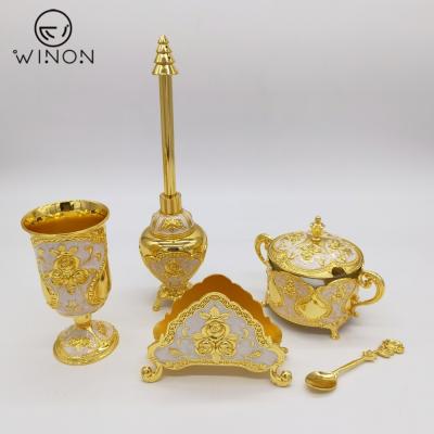 China Algeria Convertible Table Decor Wholesale Sugar Pot Cup Napkin Holder Zinc Alloy Perfume Bottle With Cream Color Wedding Sets 4 Pcs for sale