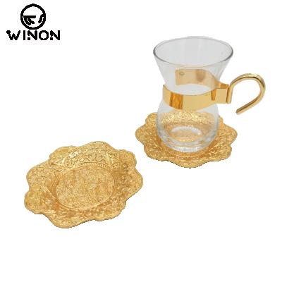 China Stocked Middle Eastern Style Gold Plated Drinkware Cup Glass Cup With Saucers Coasters for sale