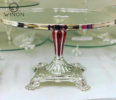 China Middle Eastern Minimalist Traditional Hot Selling Wedding Cake Stands Glass Food Cake Dessert Dish Set with Red Glass Holder and Decor for sale